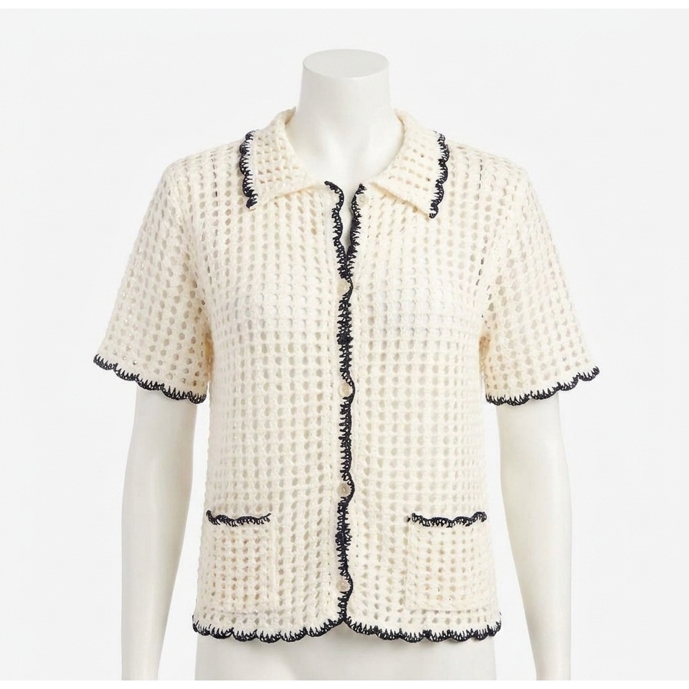 NEW FIFTEEN TWENTY gemma crochet shirt in off white with navy